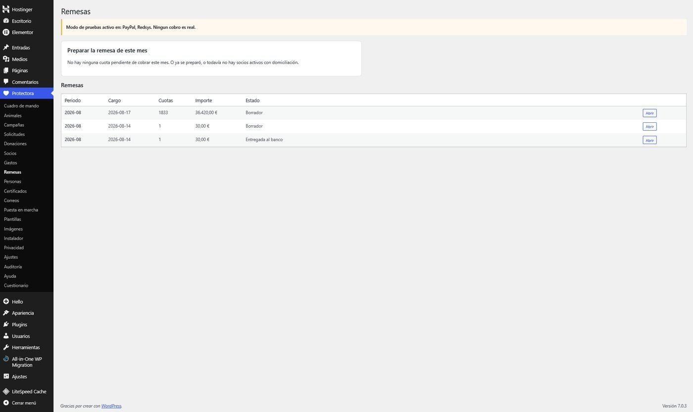 Listado de remesas con su periodo, cuotas e importe