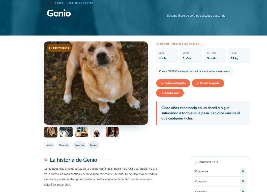 Ficha pública de un perro con sus datos, galería y botones de acción